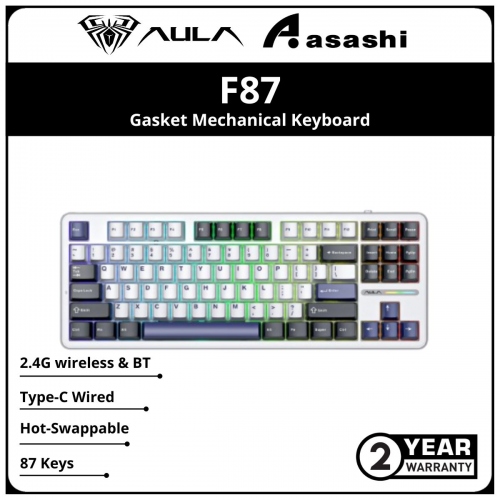 AULA F87 (White Blue)Gasket Mechanical Keyboard 87 Key RGB Tri-Mode Wired Bluetooth 2.4G Gasket Structure Hot-swap Gaming Keyboard - Gray wood switch V3