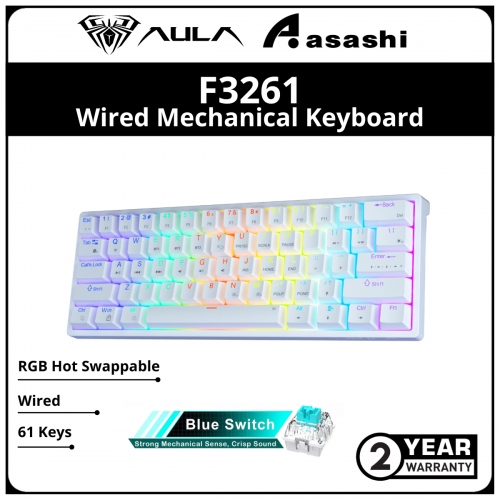 AULA F3261 61 Keys (White / Blue Switch) RGB Hot Swappable Wired Mechanical Keyboard