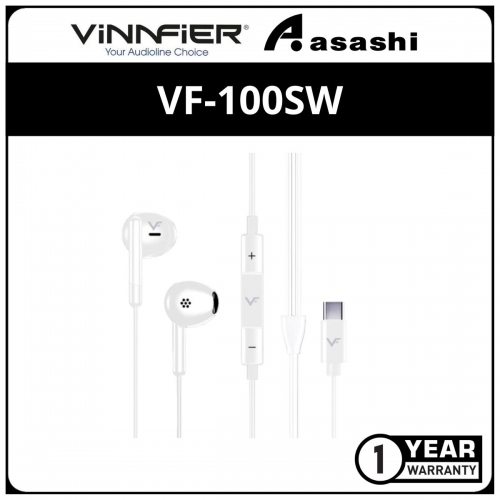 Vinnfier VF100SW USB-C Hi-Fi Stereo Wired Earphone - White (1 yrs Limited Hardware Warranty)