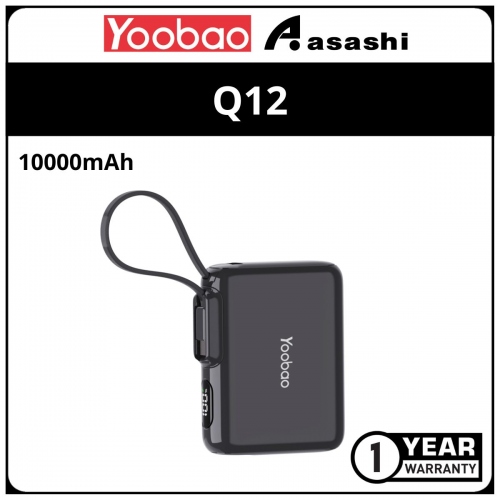 Yoobao Q12 10000mAH Fast Charging Mini Power Bank Built-in Type C Cable (PD 20W/ QC 3.0/ SPC) - Black (1 yrs Limited Hardware Warranty)