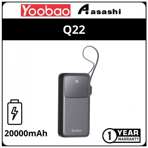 Yoobao Q22 20000mAh Built in Cable Fast Charge with Digital Display (PD 20W / QC3.0 / SCP) - Black (1 yrs Limited Hardware Warranty)