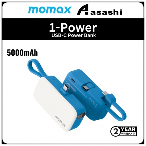 Momax 1-Power Mini 5000mAh Bulit-in Foldable USB-C Connector Power Bank - Blue (2Y)