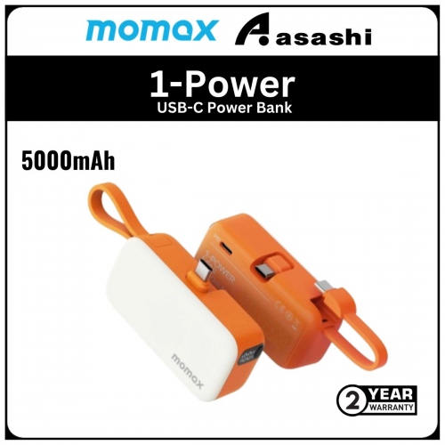 Momax 1-Power Mini 5000mAh Bulit-in Foldable USB-C Connector Power Bank - Orange (2Y)