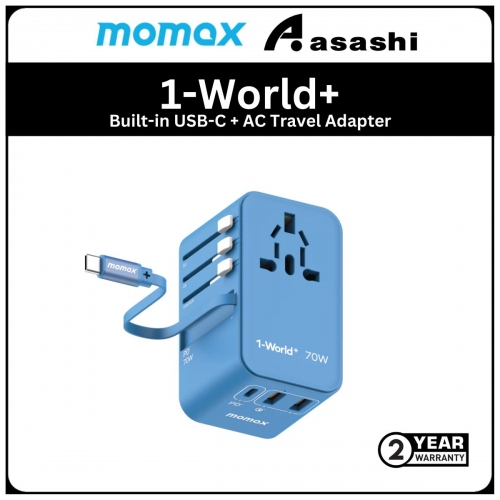 Momax 1-World+ 70W GaN 3-Port with Built-in USB-C Cable + AC Travel Adaptor - Blue (2Y)