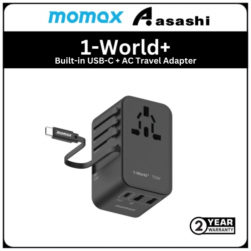 Momax 1-World+ 70W GaN 3-Port with Built-in USB-C Cable + AC Travel Adaptor - Black (2Y)