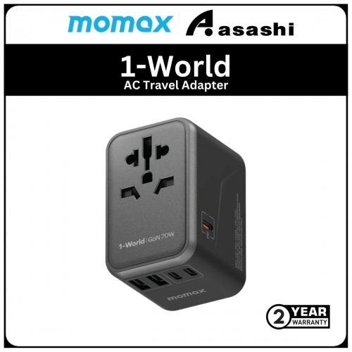 Momax 1-World PD70W GaN AC Travel Adaptor - Black (2Y)